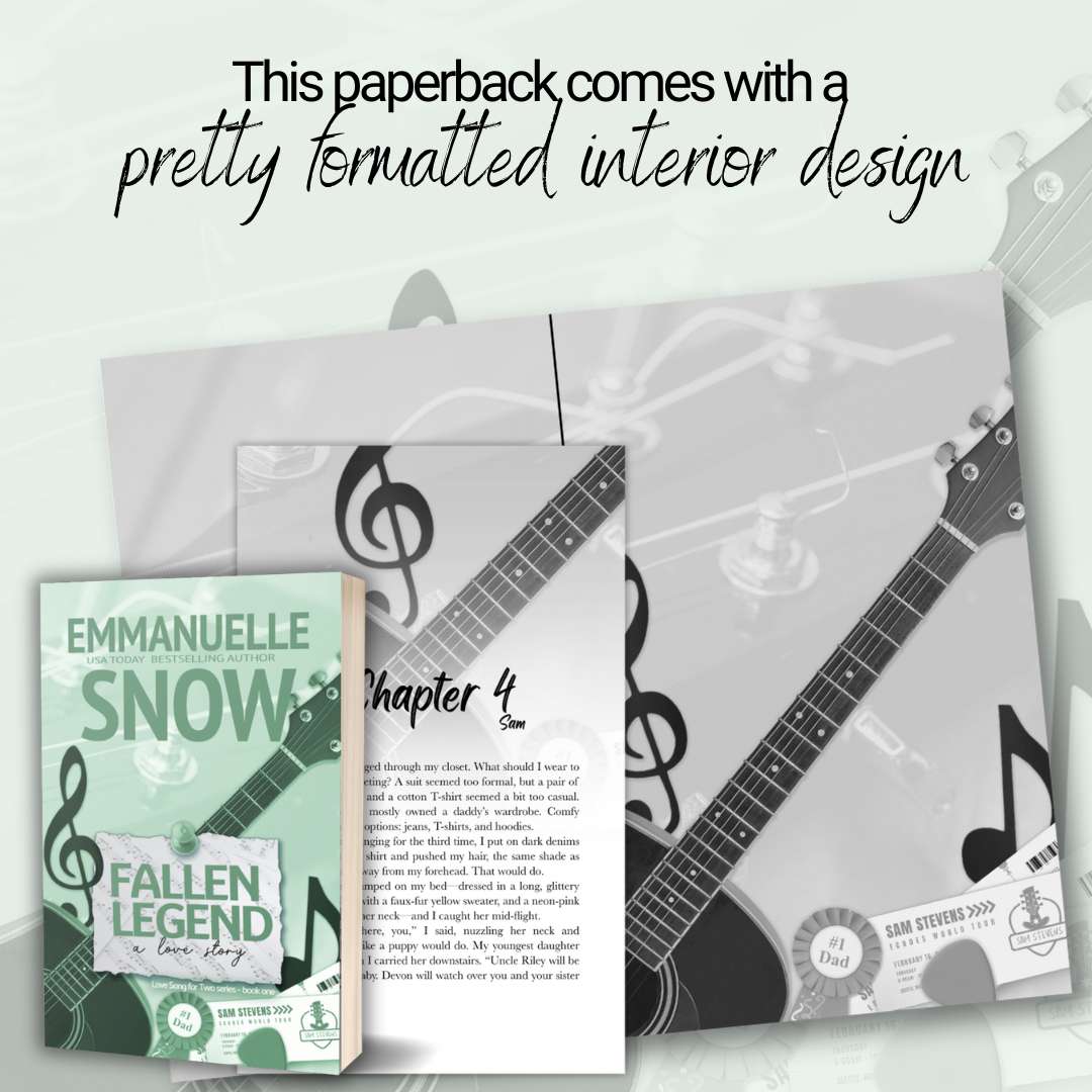 Romance book Fallen Legend paperback with rock star guitar and concert tickets- Author Emmanuelle Snow Bookshop