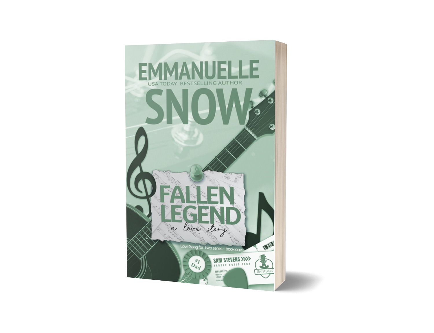 Romance book Fallen Legend paperback with rock star guitar and concert tickets- Author Emmanuelle Snow Bookshop