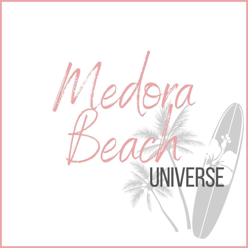 Author Emmanuelle SNOW 'Medora Beach Universe' YA book series, palm tree, and surfboard on a light pink background