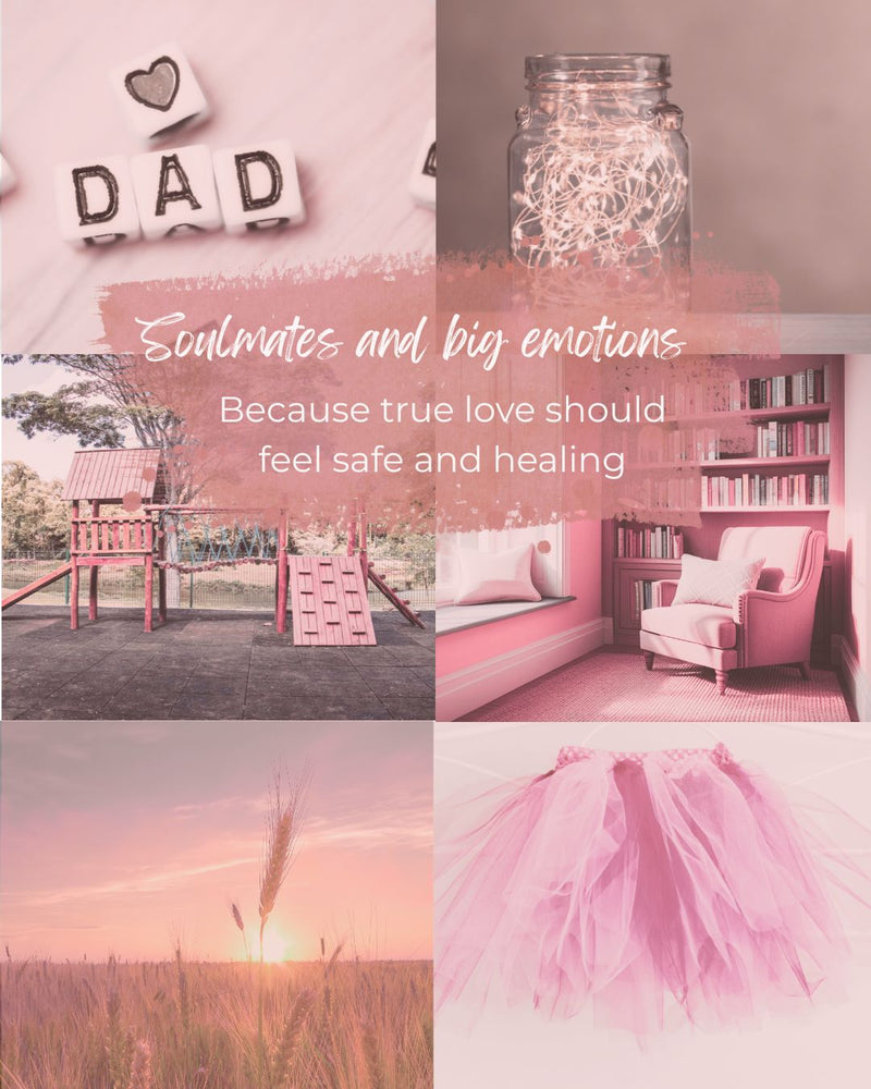 Book collage of cozy images with text about love and safety for contemporary emotional love stories.