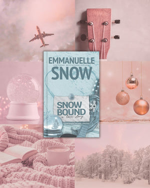 Book titled 'Snowbound' by Emmanuelle on a pink background with decorative items for emotional and small town romance readers.