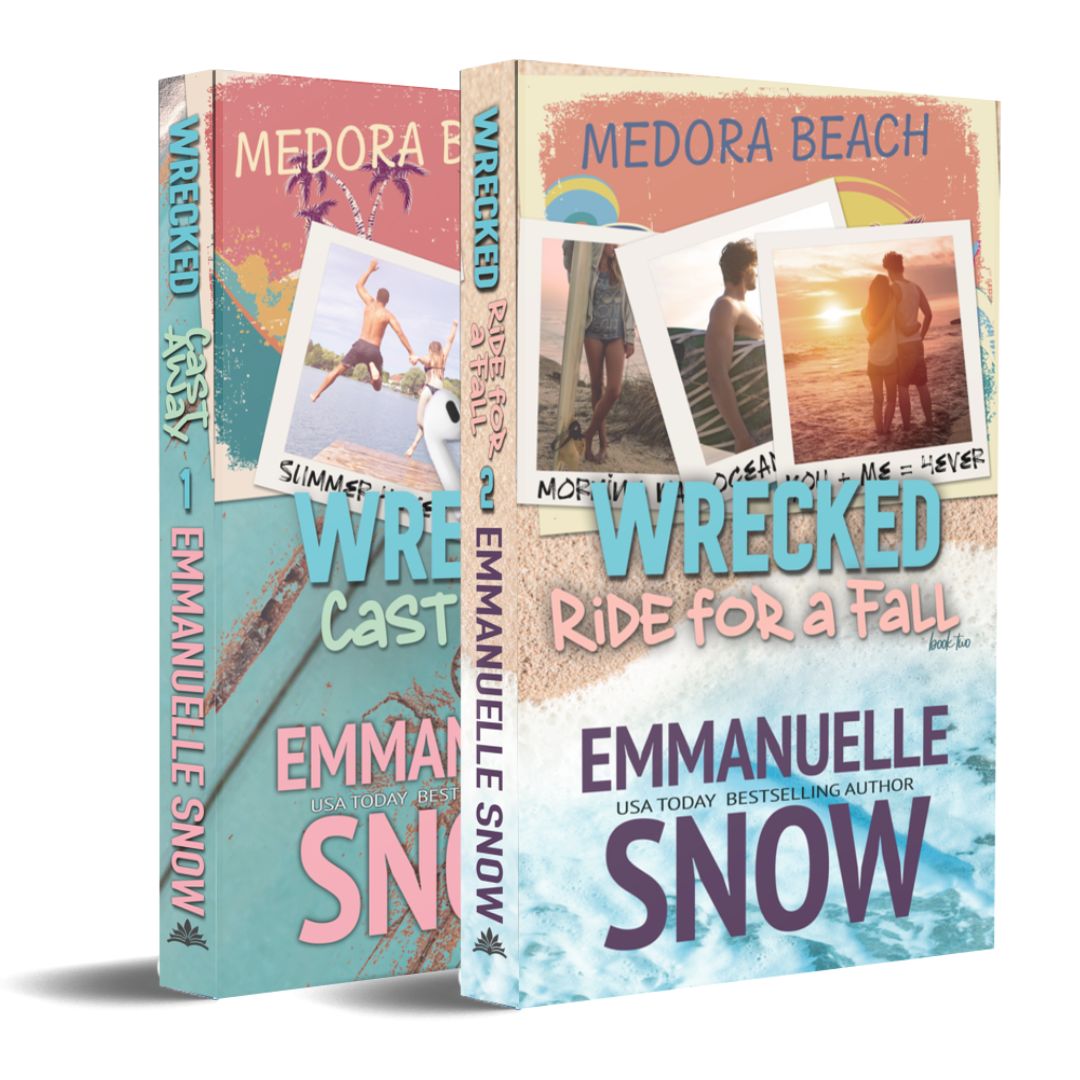 Spines of paperback of Wrecked YA Book series Cast Away and Ride for a Fall - Author Emmanuelle Snow Bookshop