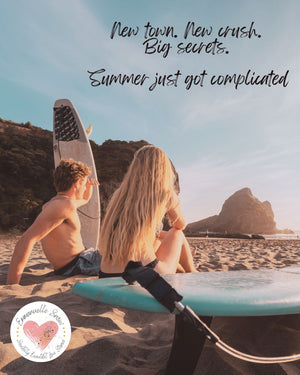 YA book surfing couple on beach aesthetic by romantic fiction author Emmanuelle Snow