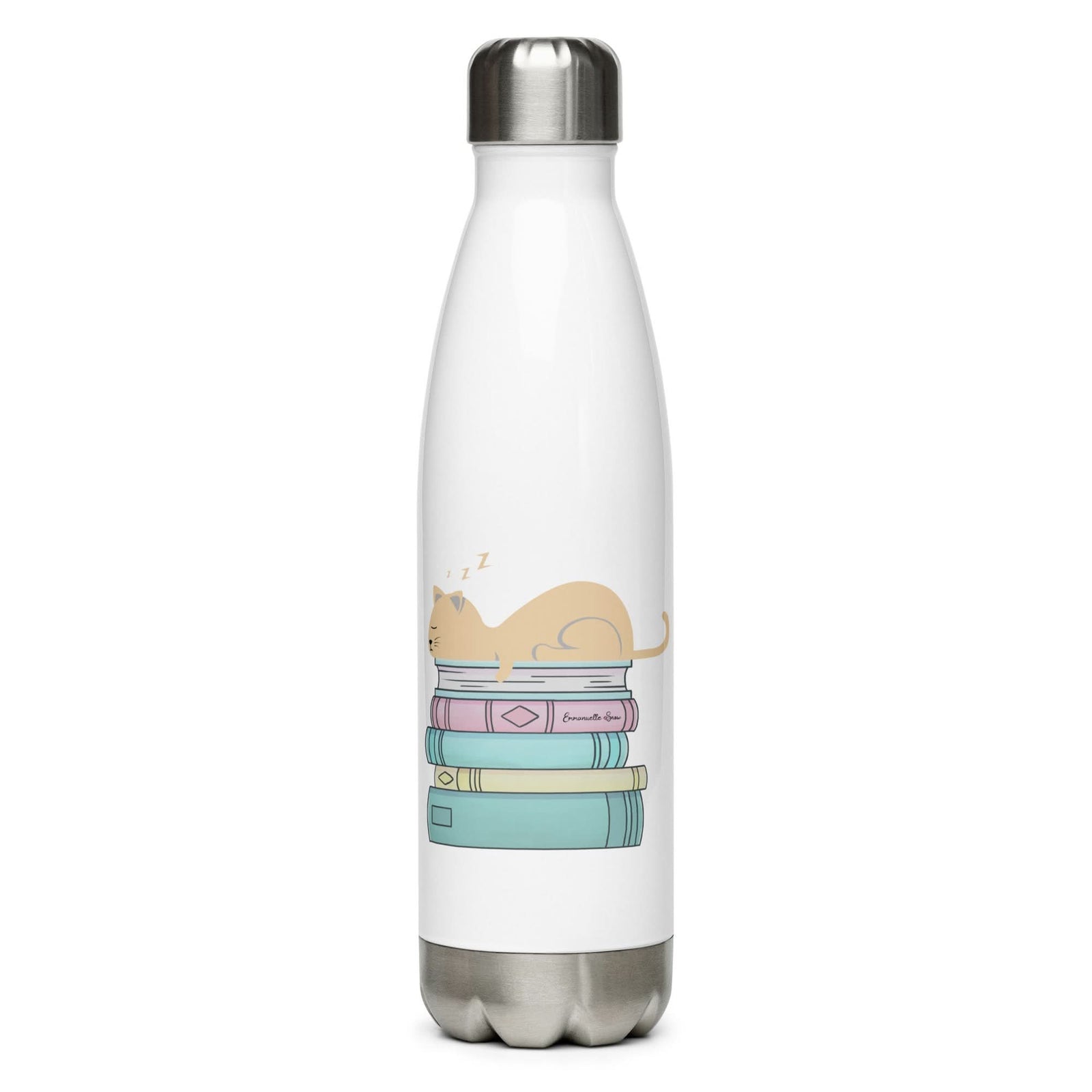 Cat and Book Stack Water Bottle - Author Emmanuelle Snow Bookshop