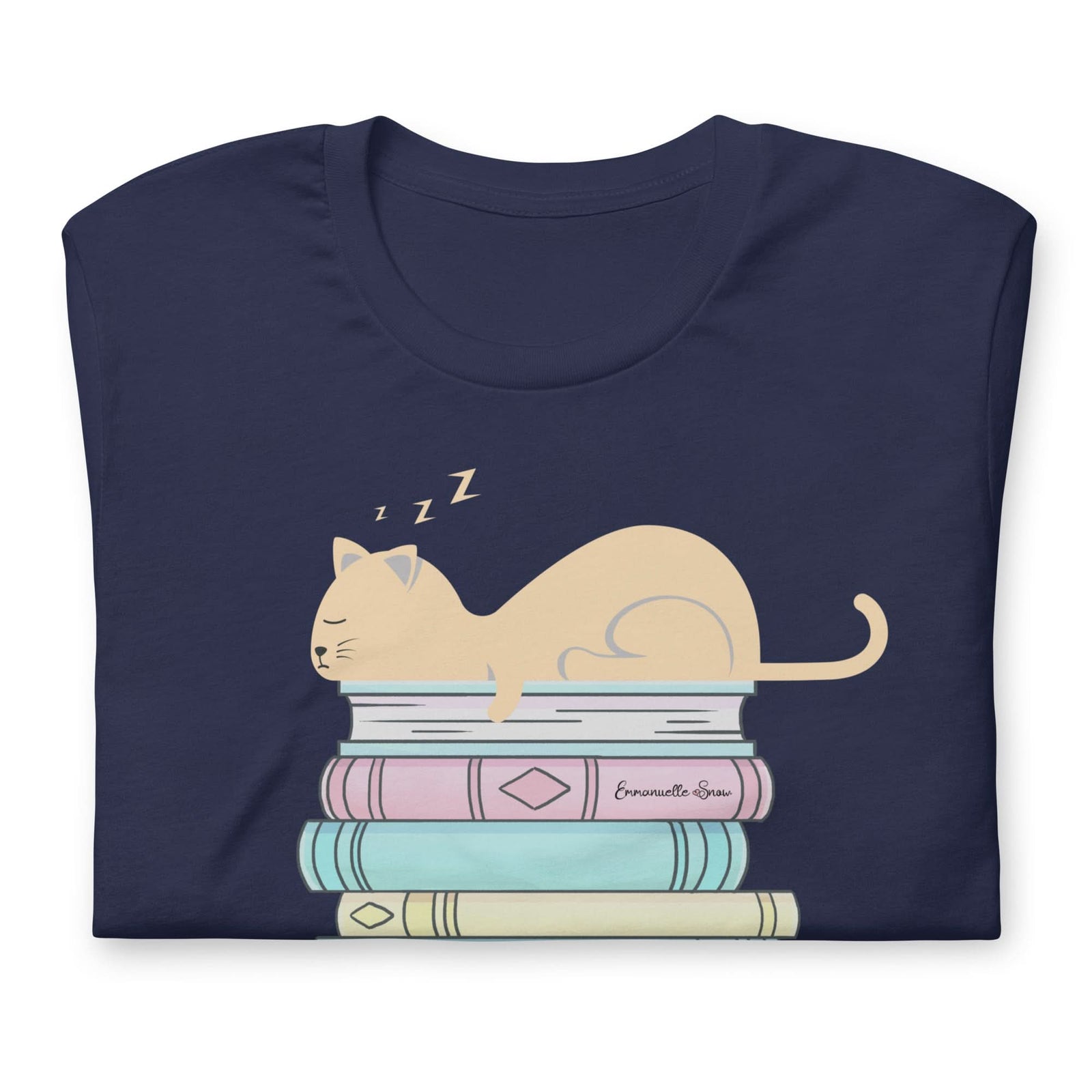 Cat and Book Stack T-shirt - Author Emmanuelle Snow Bookshop