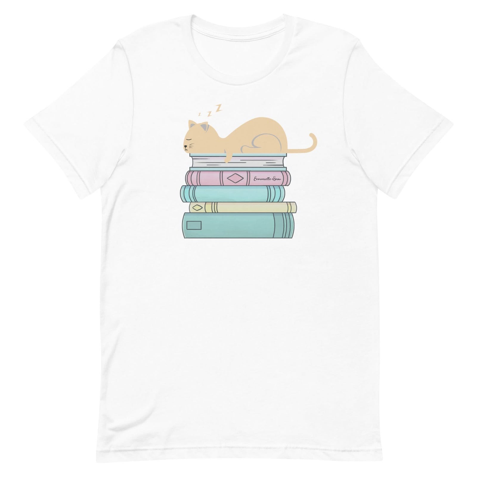 Cat and Book Stack T-shirt - Author Emmanuelle Snow Bookshop